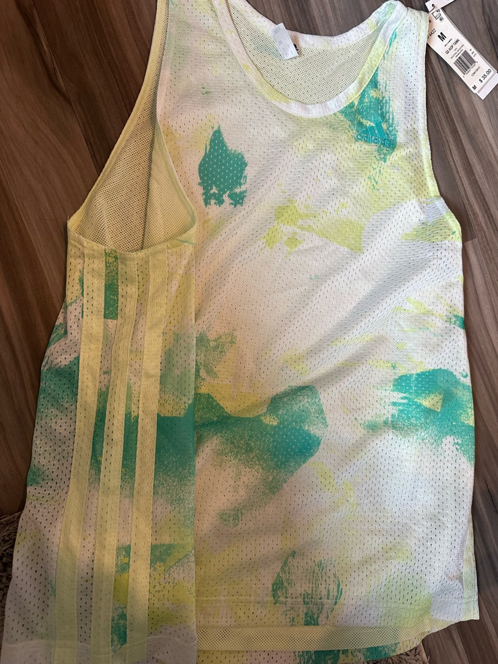 adidas White Mesh Tank with Teal and Lime Splash